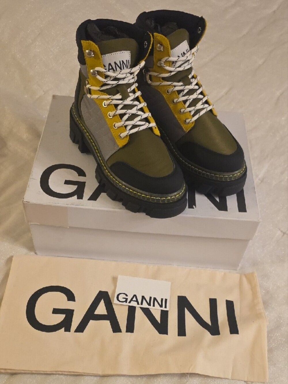 Ganni Cleated-sole lace-up Kalamata Olive Green & Yellow Lug-Sole Hiking Boots36